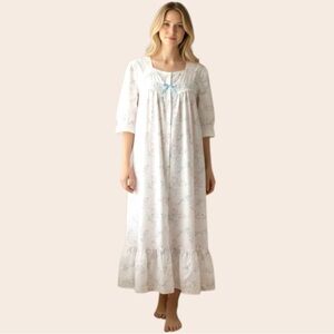 Vintage 70s Barbizon Paris White Floral Nightgown M Puff Sleeve Ruffle Cottage